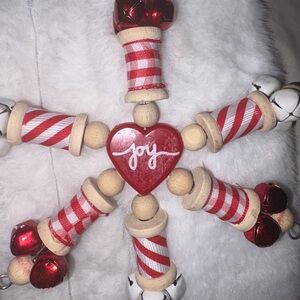 Festive Red and White vintage Joy snowflake Ornament hand crafted from wood